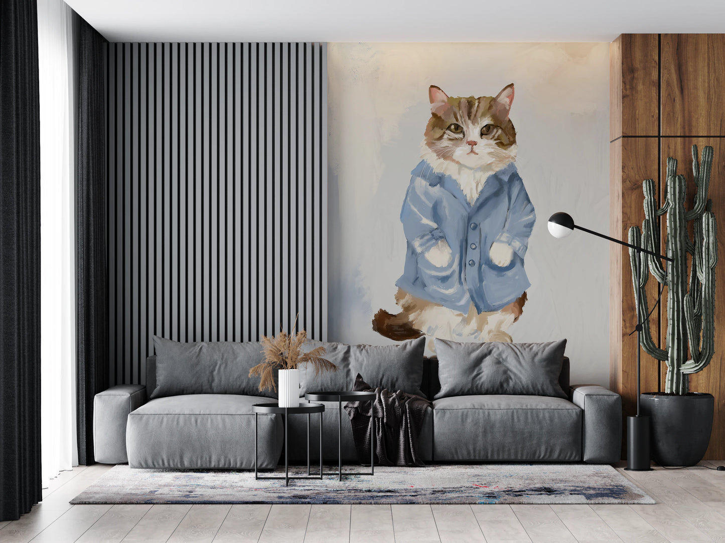 Blue jacket cat wallpaper for neutral living room walls.