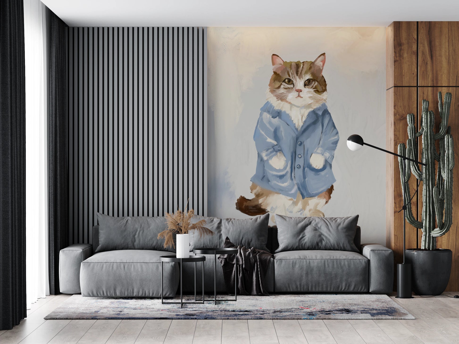 Blue jacket cat wallpaper for neutral living room walls.