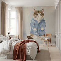 Oil painting cat wallpaper in blue jacket for playroom.