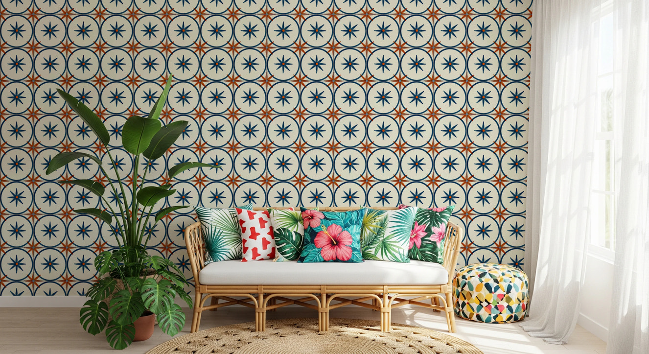 Farmhouse Timeless Backsplash Blue Wallpaper star pattern.