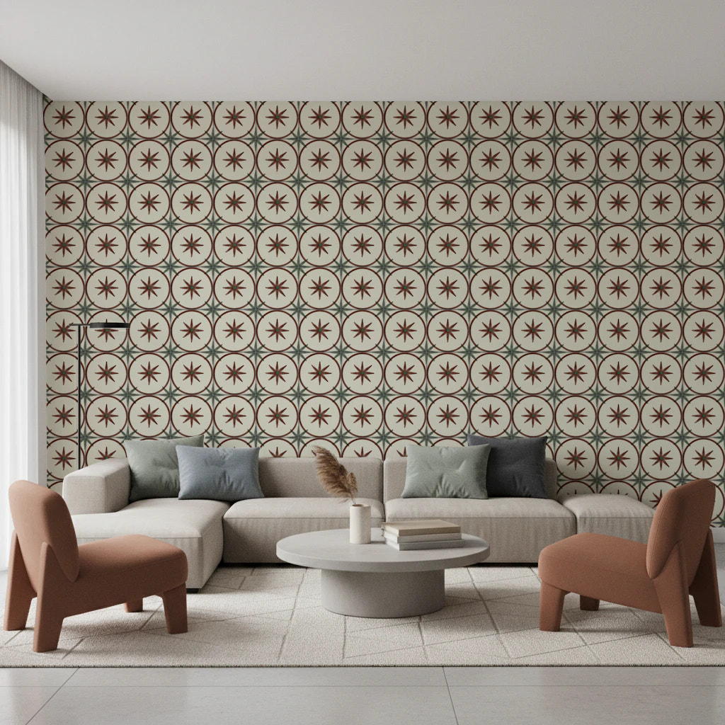 Farmhouse Timeless Backsplash Clay Wallpaper star pattern.