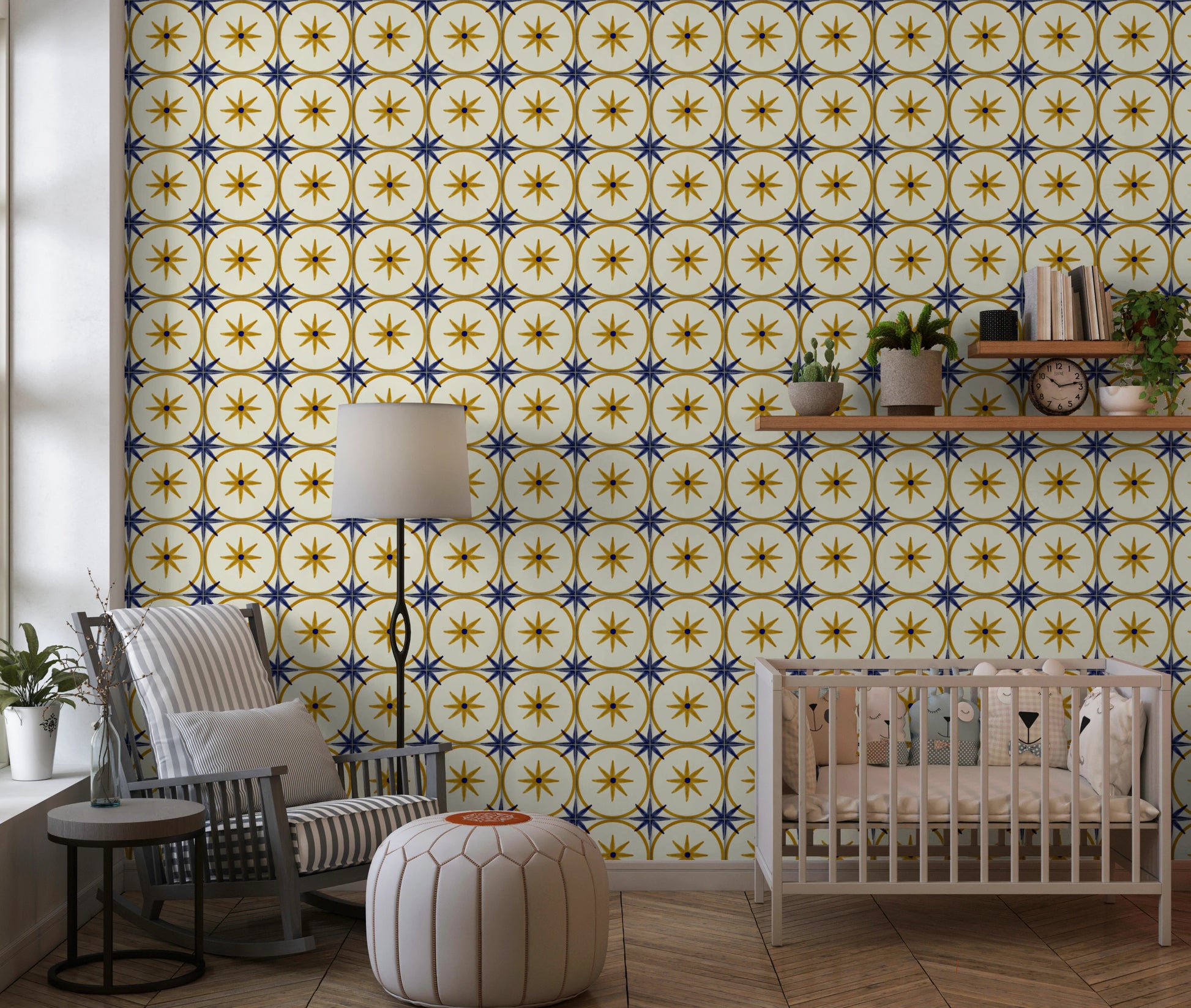 Farmhouse Timeless Backsplash Gold Wallpaper star pattern.