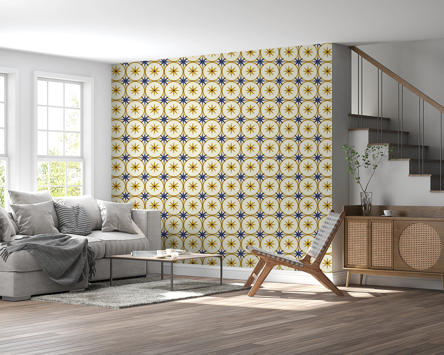 Artisanal gold star motif wallpaper for a bathroom wall mural.