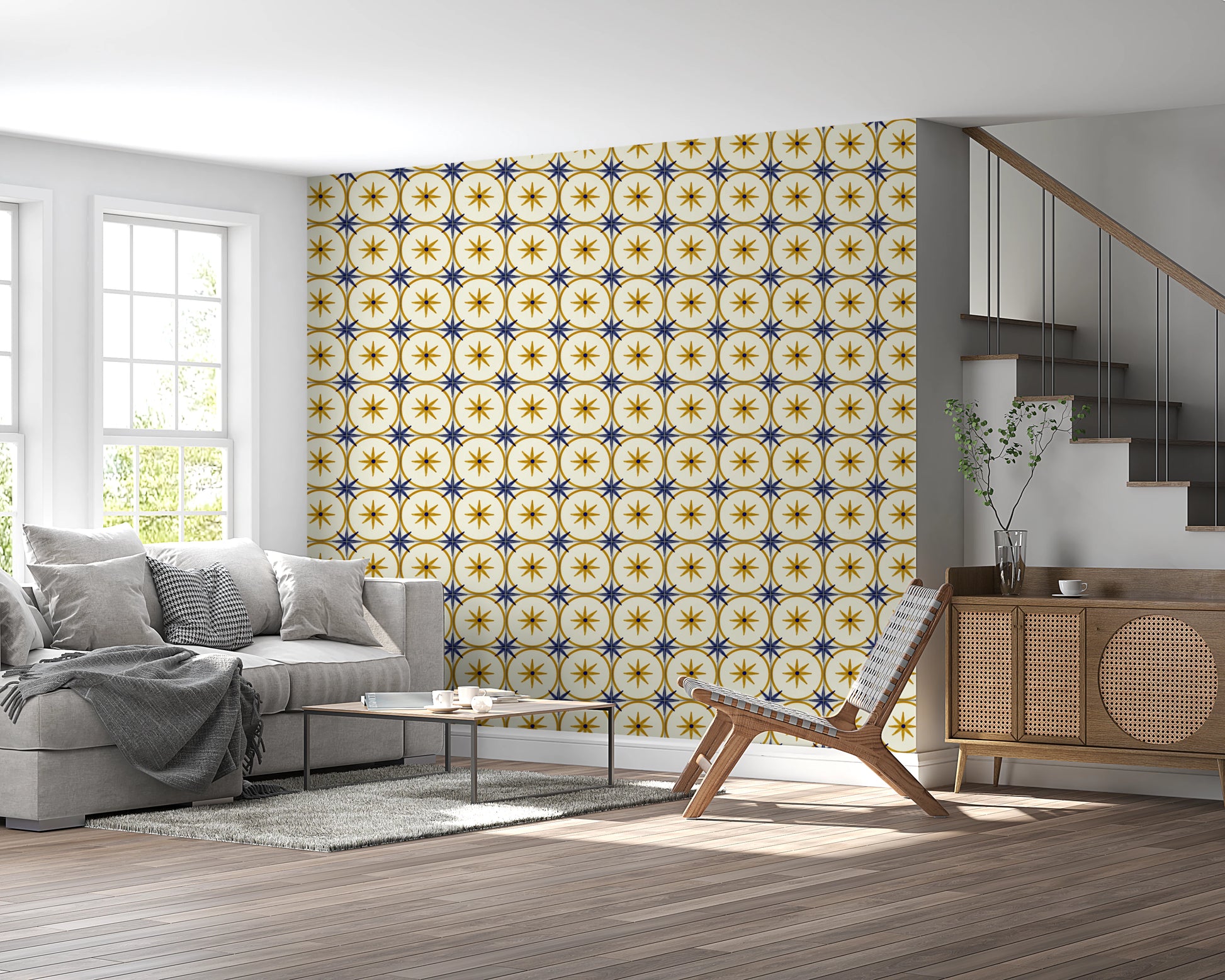 Artisanal gold star motif wallpaper for a bathroom wall mural.