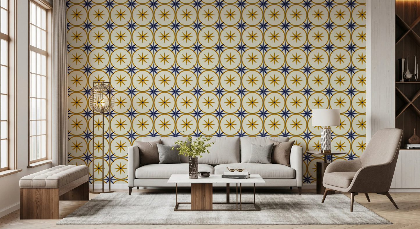 Symmetrical geometric pattern wallpaper for a home wall mural.