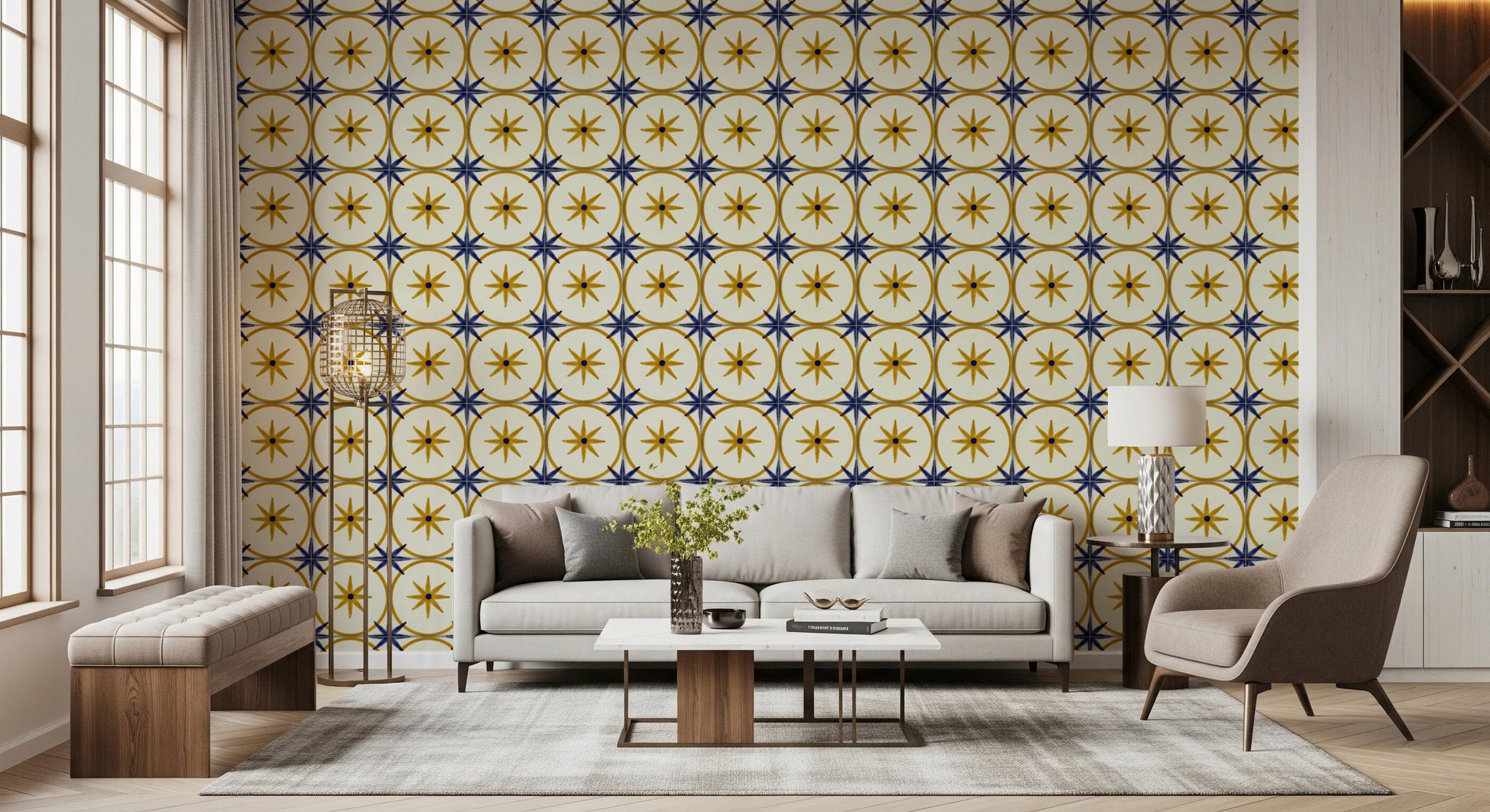 Symmetrical geometric pattern wallpaper for a home wall mural.