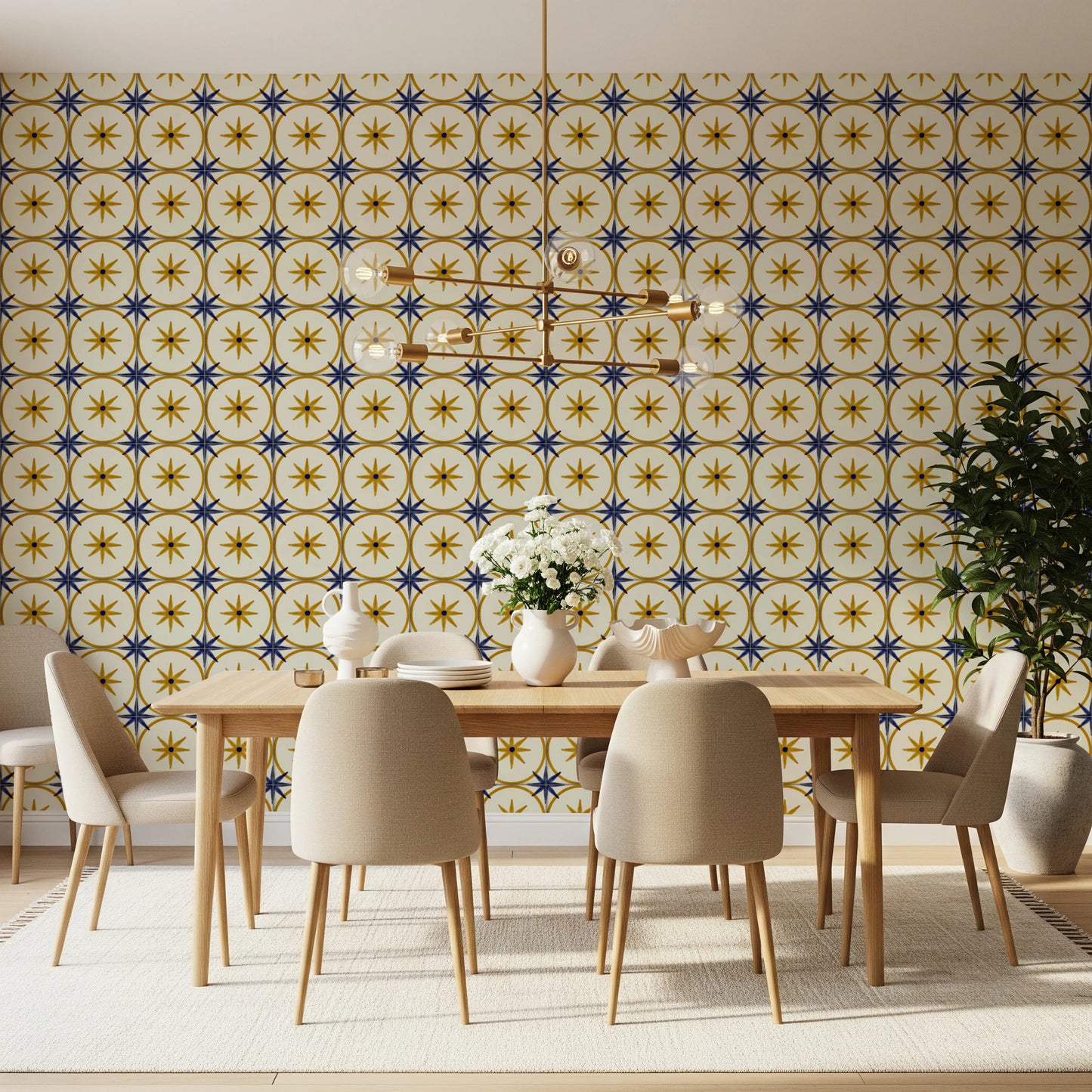 Gold and blue star pattern wallpaper for a wall mural.