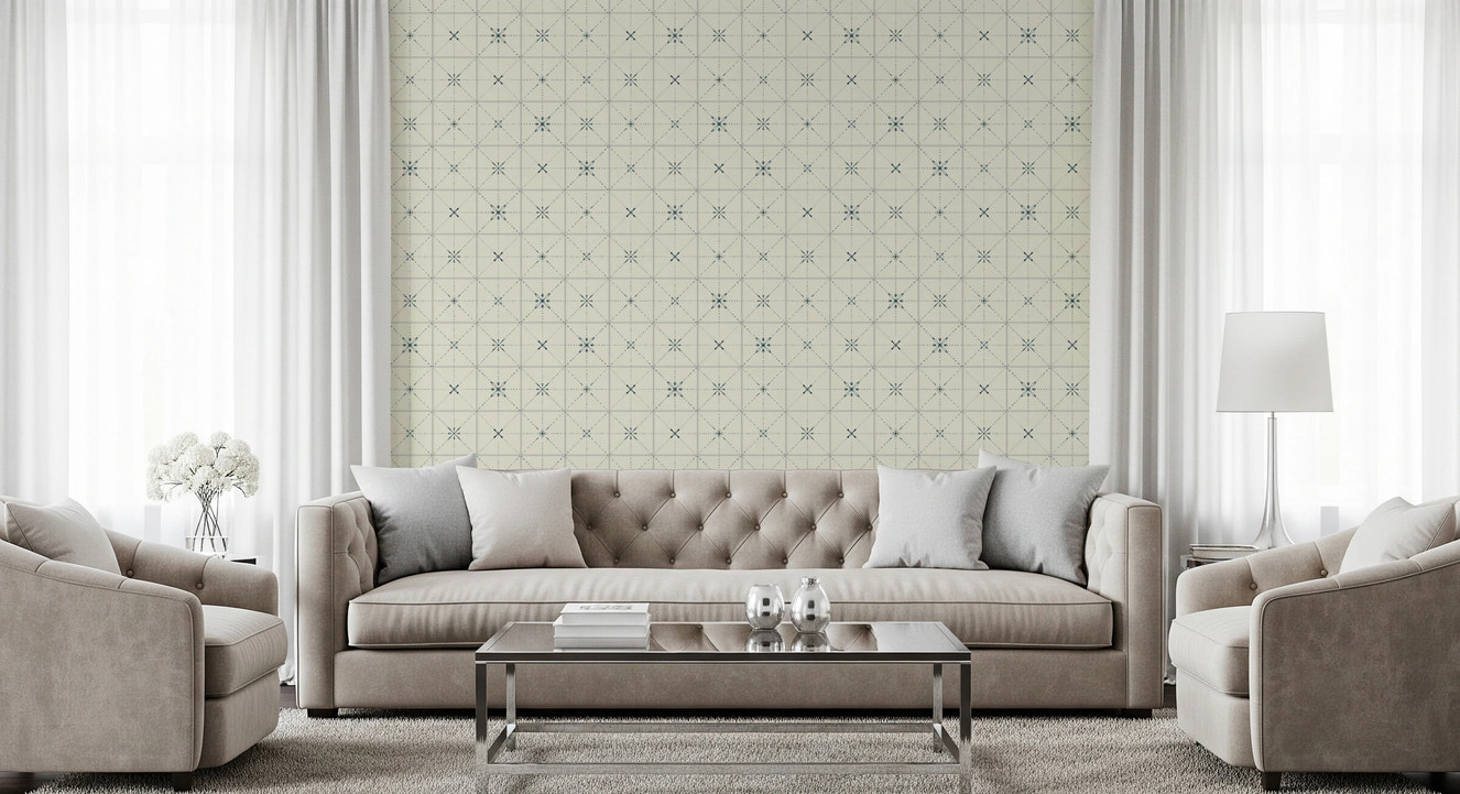 Blue geometric tile pattern peel and stick wallpaper.
