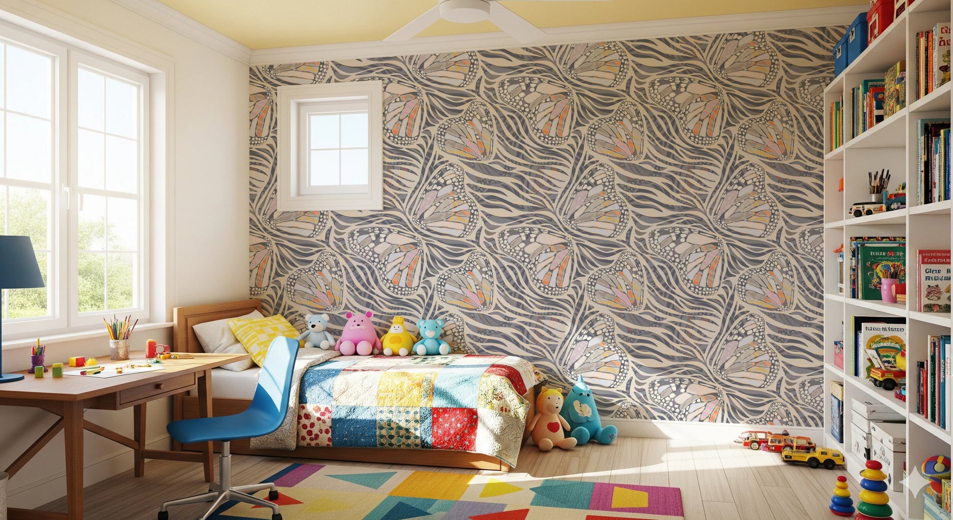 Neutral butterfly metamorphosis design for bedrooms.