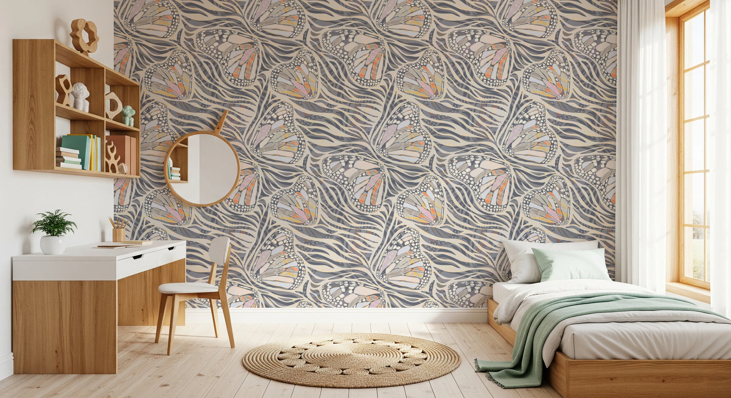 Zebra butterfly pattern in soft earthy pastel tones.