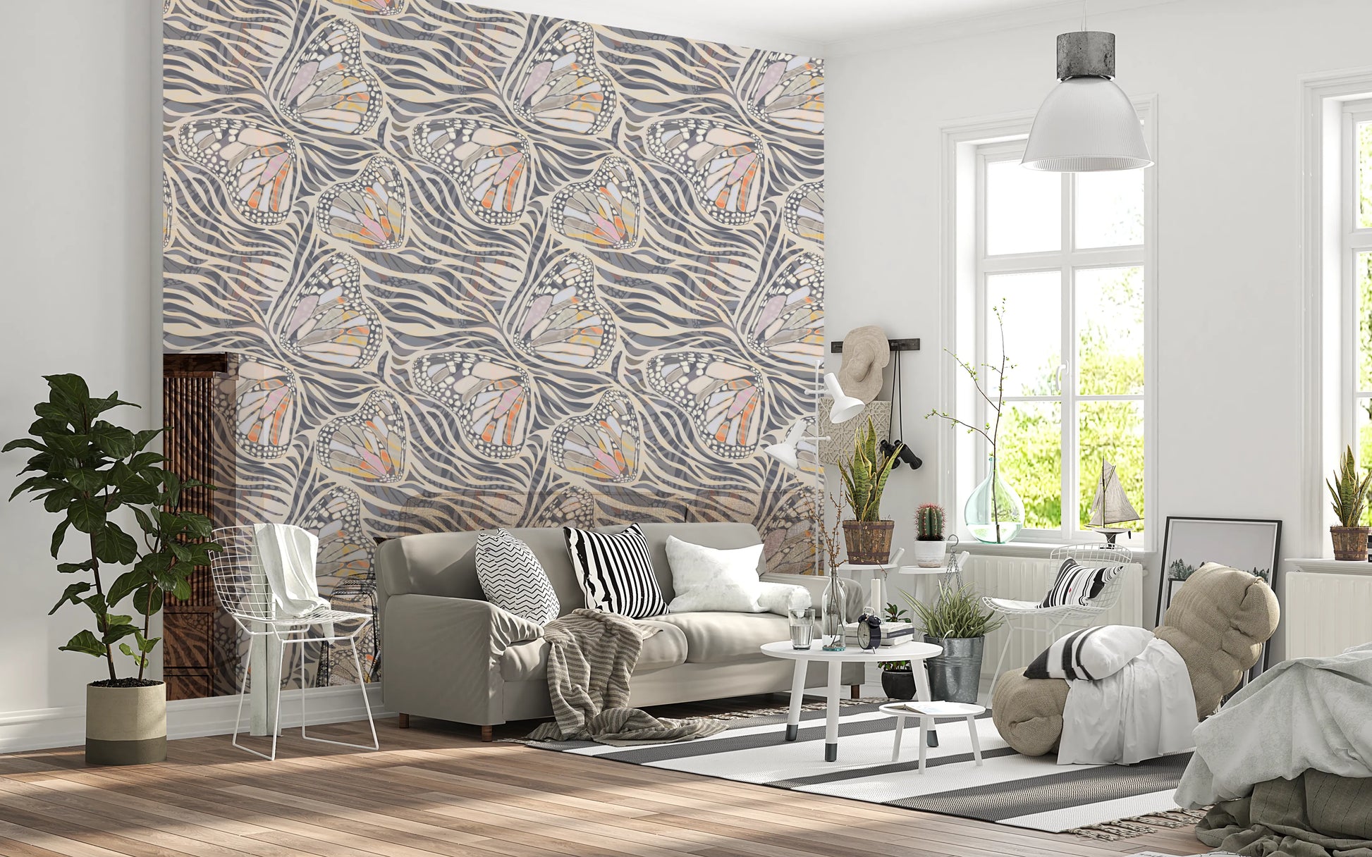 Boho style wallpaper with neutral butterfly wings.