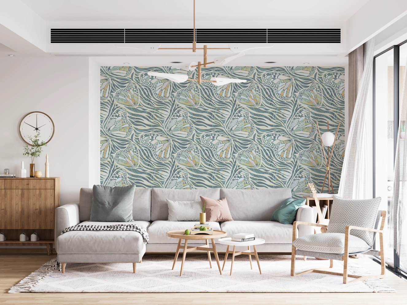 Maximalist boho butterfly pattern in soft sage green.
