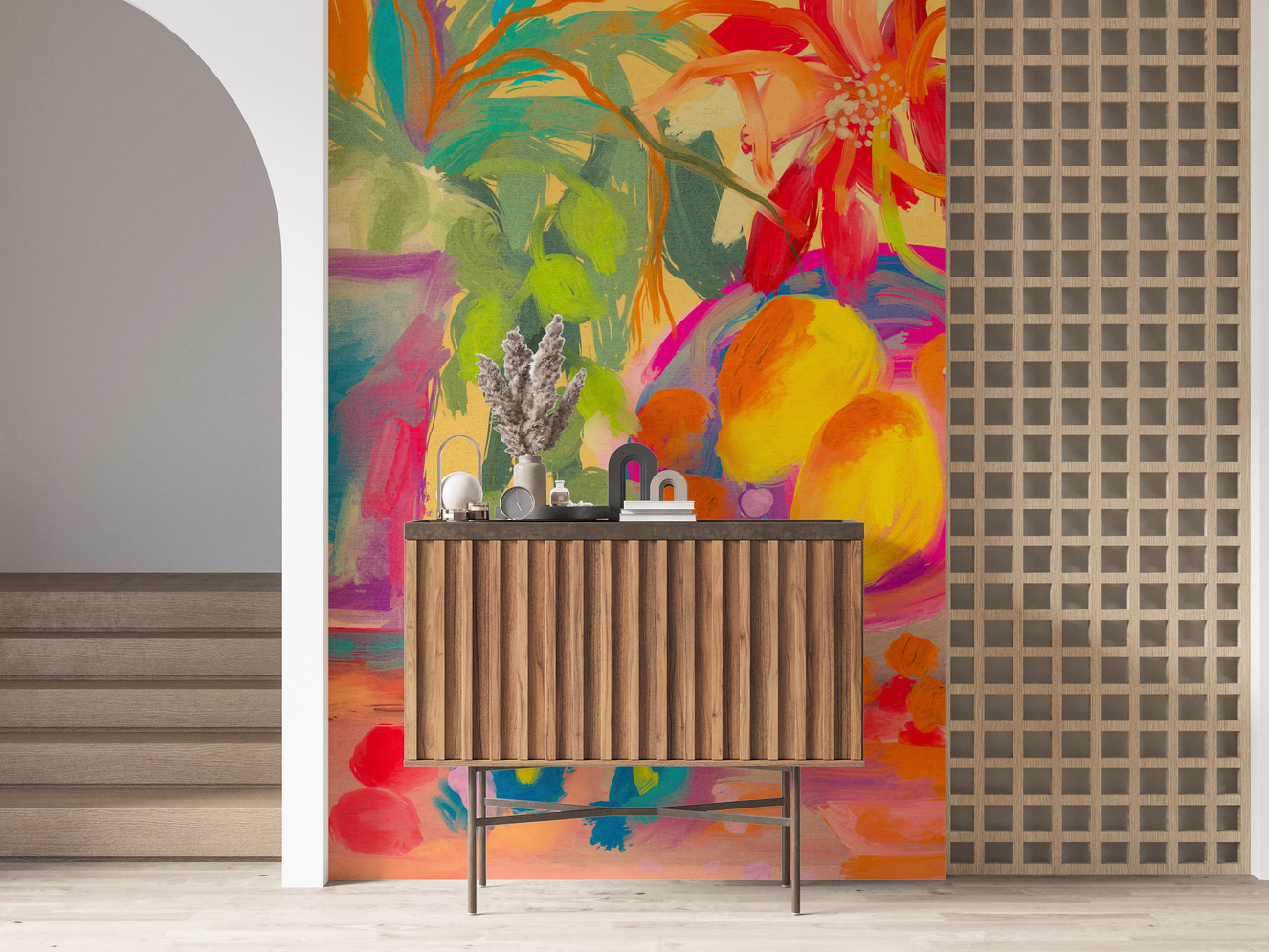 Vibrant abstract mural with yellow lemons and red flowers.