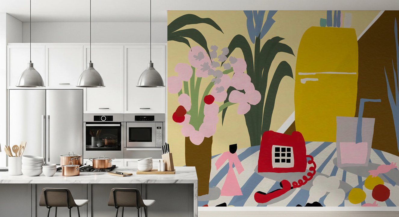 Retro mid-century kitchen art mural with a red phone.