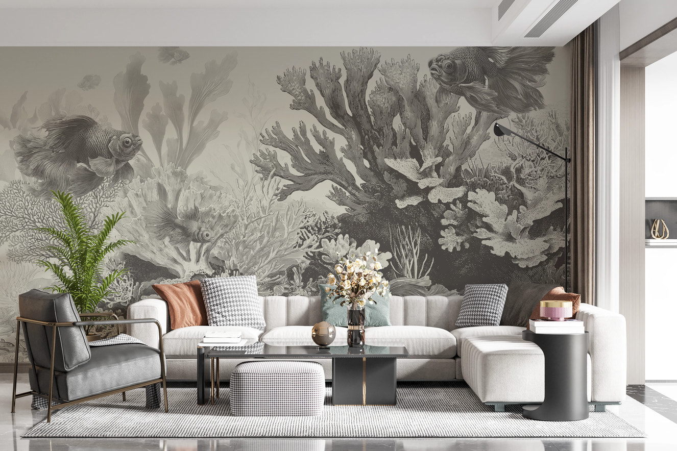 Greige tone goldfish and coral reef illustration.