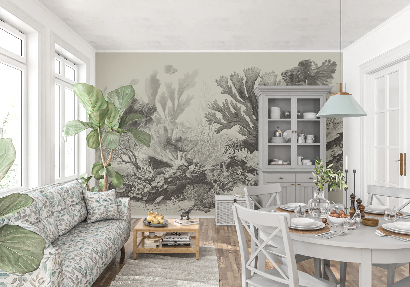 Neutral earth tone underwater scene mural.