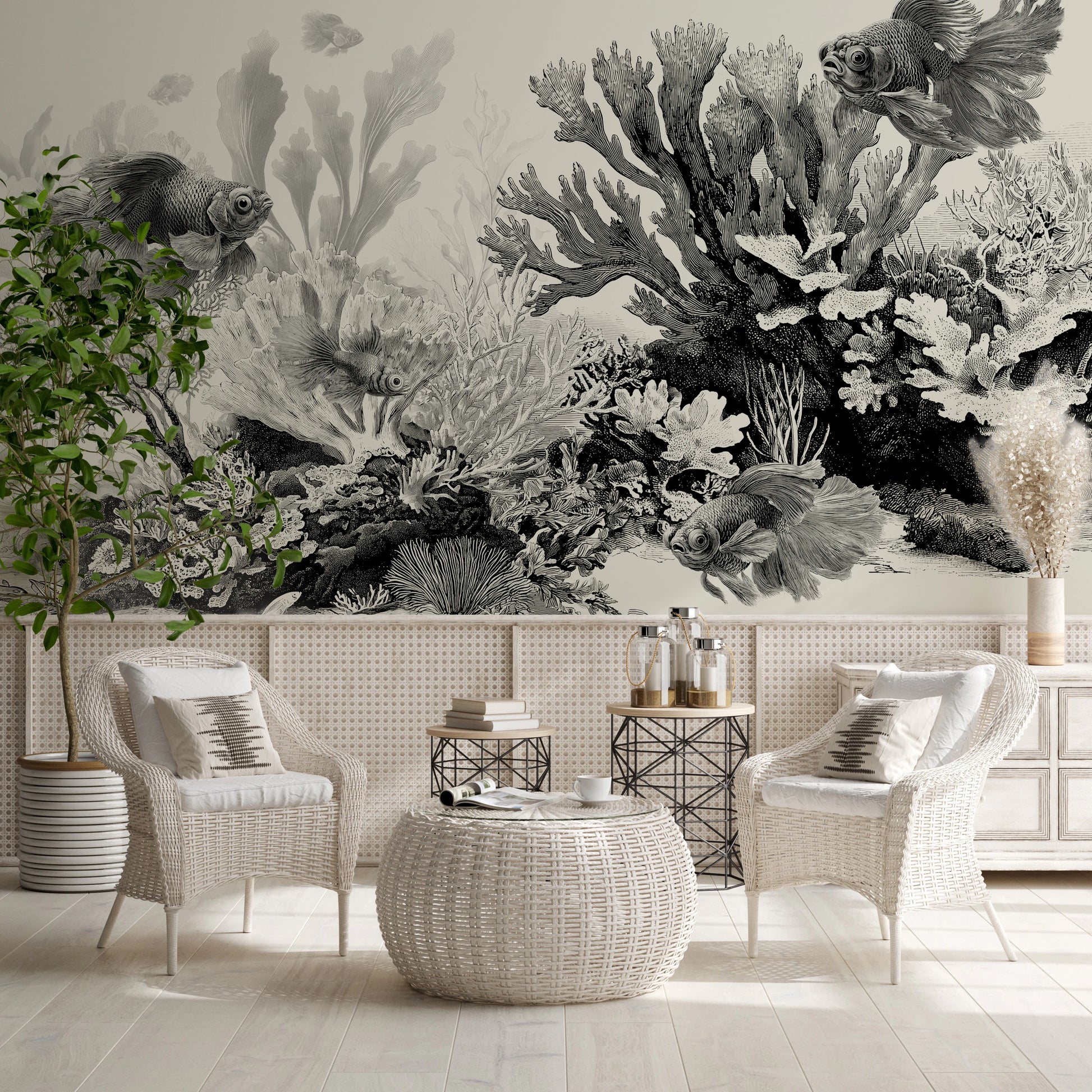 Nautical mural in striking black and white.