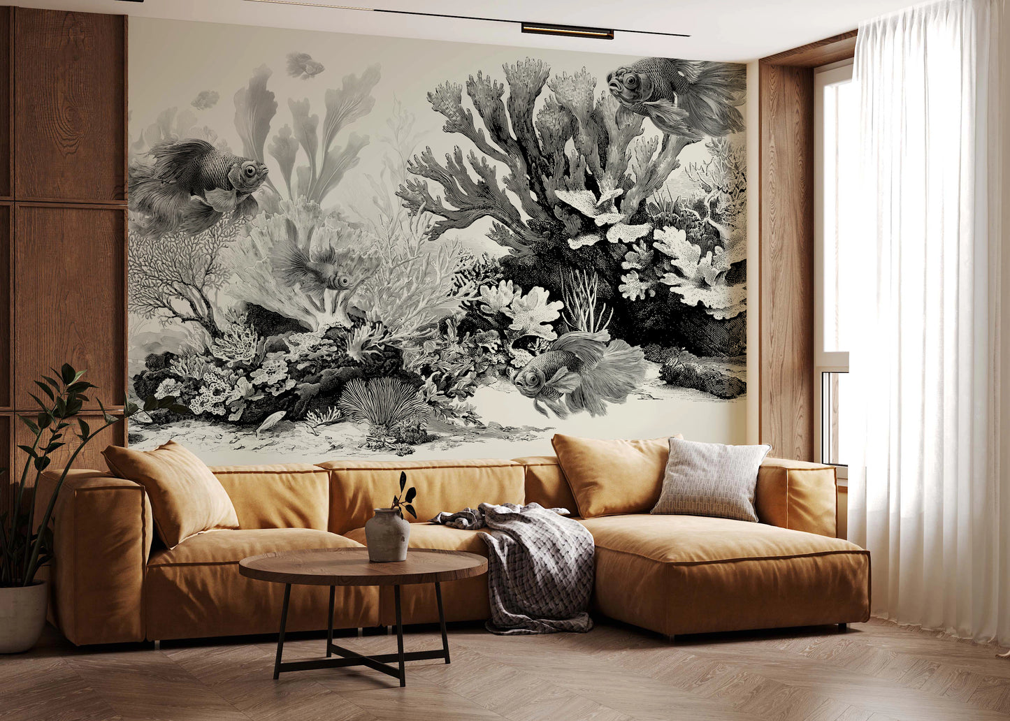 Detailed black ink fish and coral illustration.