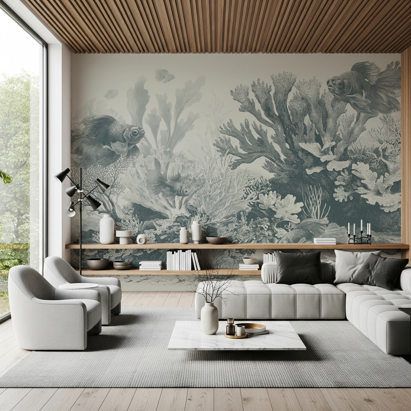 Teal coral reef with vintage goldfish illustration.