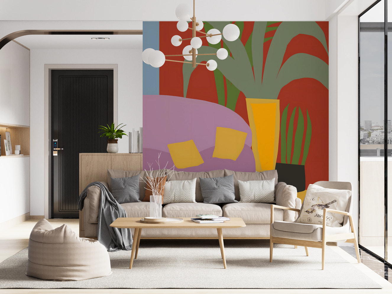 Playful black cat in a colorful living room.