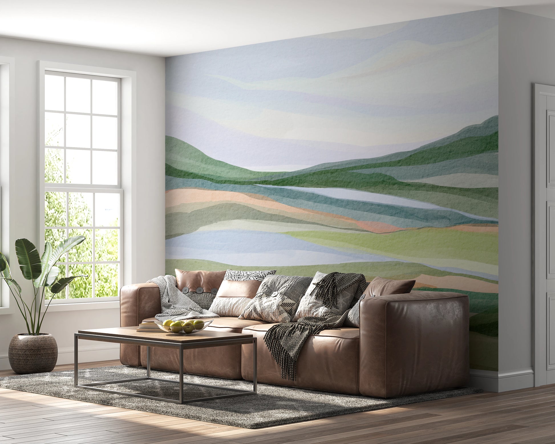 Cool blue and green watercolor landscape artwork.