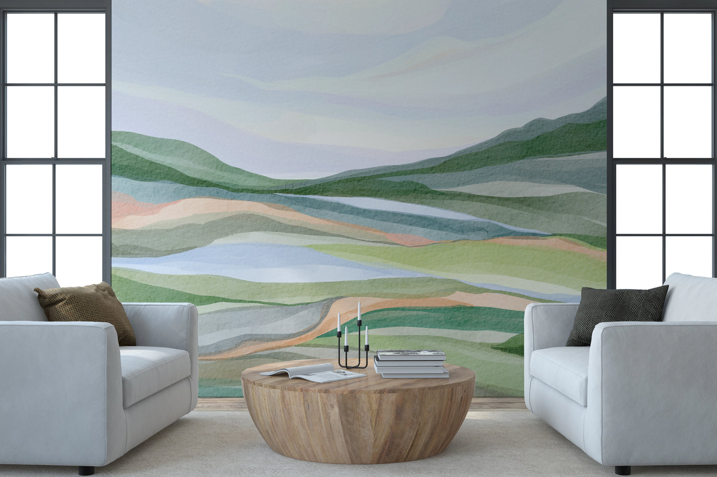 Tranquil nature mural with soft watercolor strokes.
