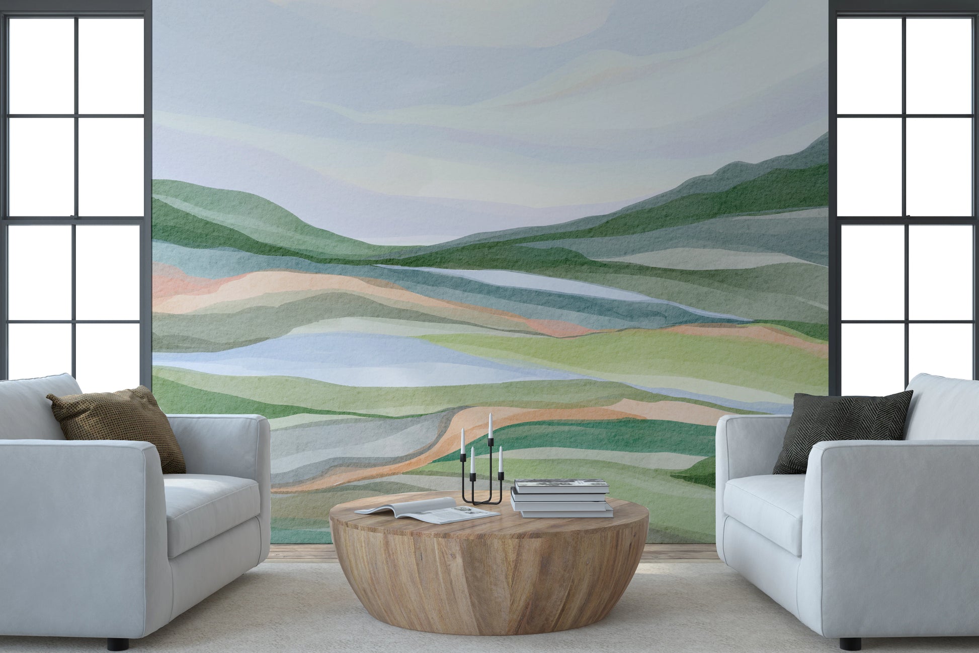 Tranquil nature mural with soft watercolor strokes.