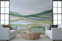 Tranquil nature mural with soft watercolor strokes.