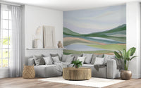 Soft green and blue watercolor rolling hill mural.