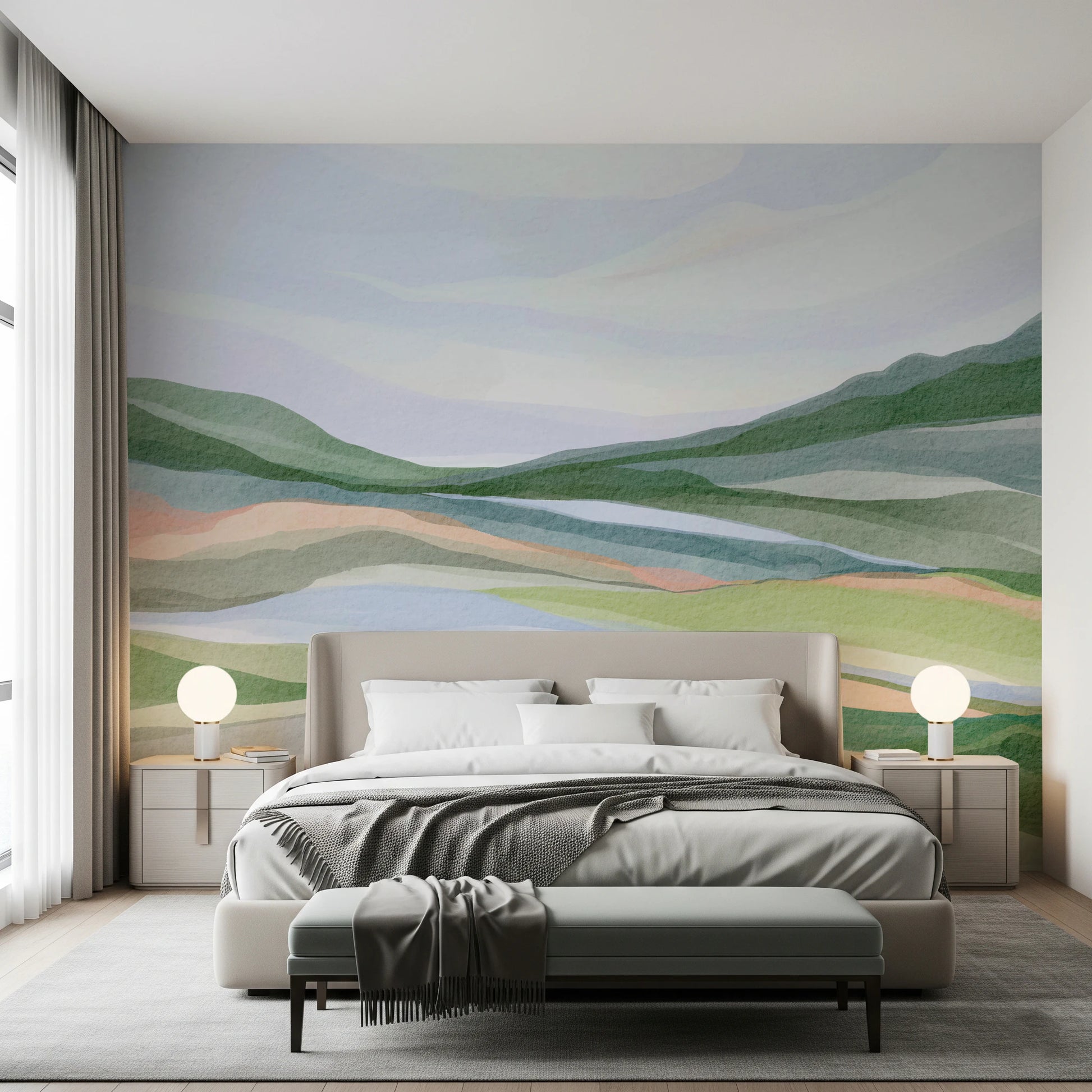Serene landscape wall art with layered hill shapes.