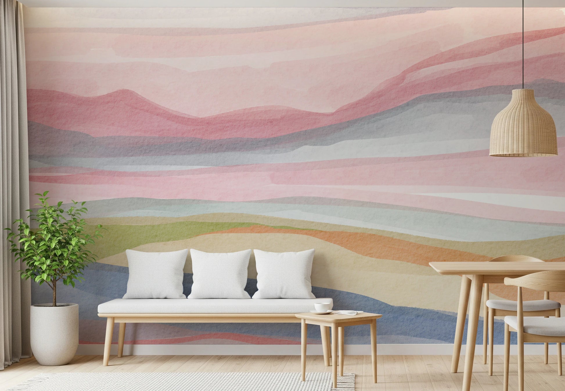 Abstract serene mural in blush pink and violet.