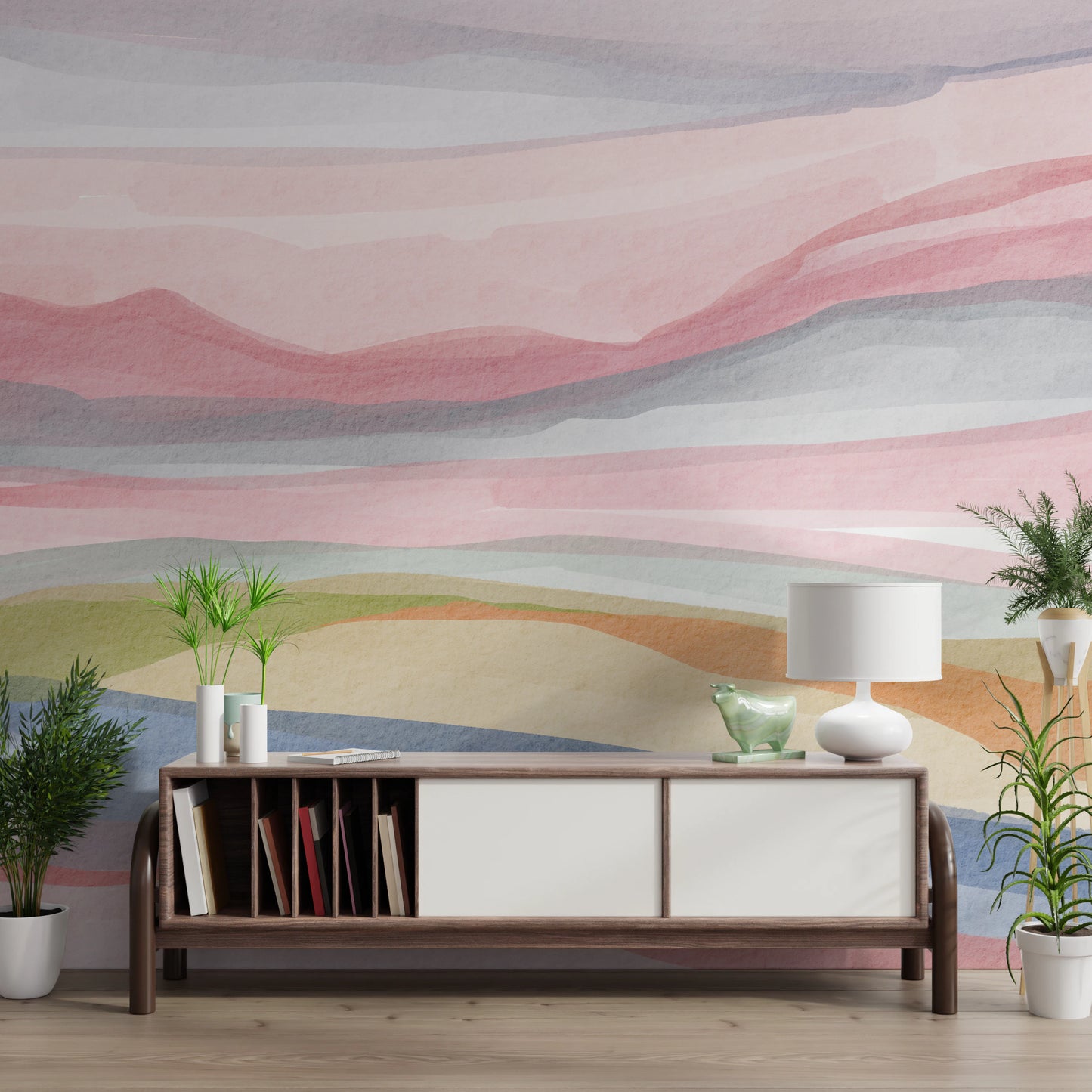 Pastel pink and lavender watercolor layered mural.
