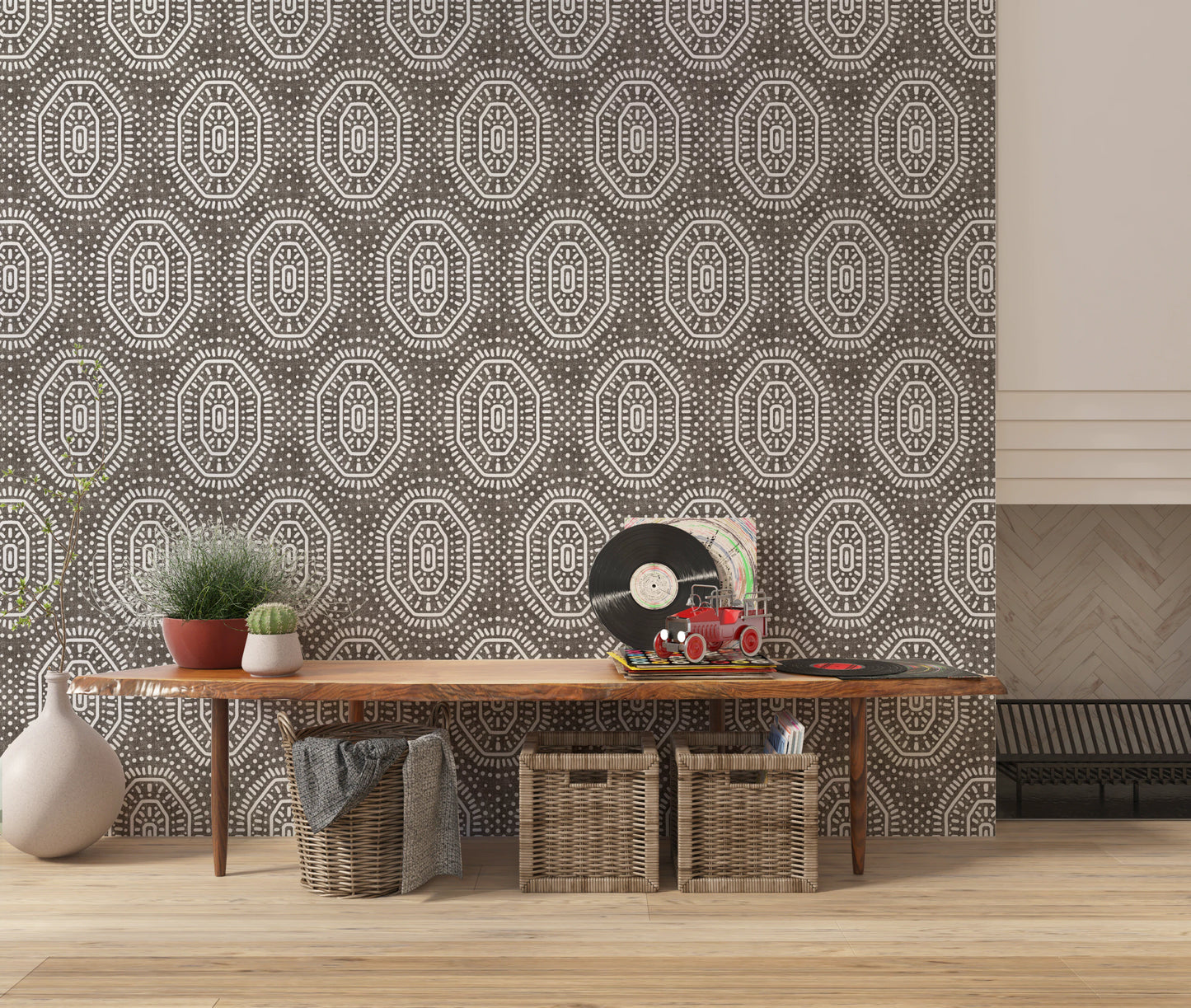 Boho Octagons Crochet Grunge Dark Bark Wallpaper⁠
