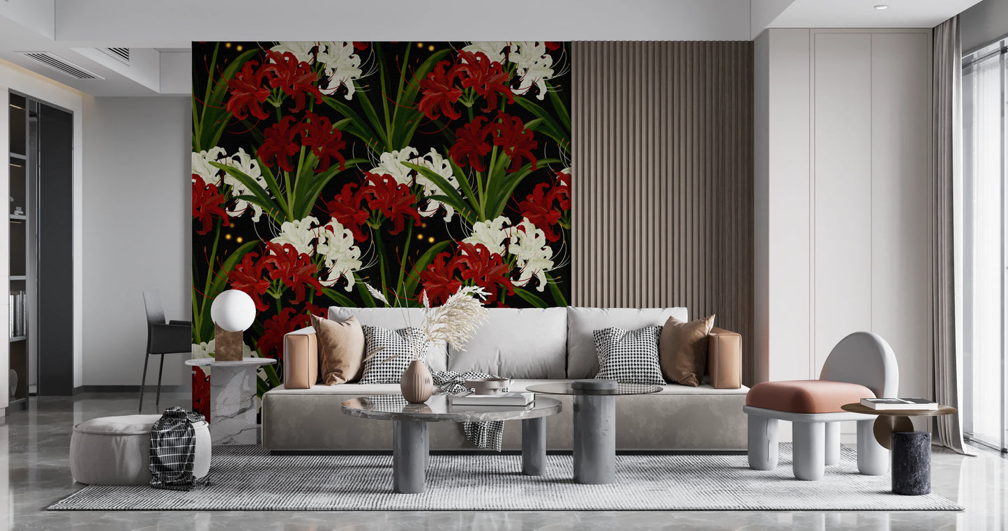 Lycoris Noir Midnight Romance white red flowers bloom Wall Mural