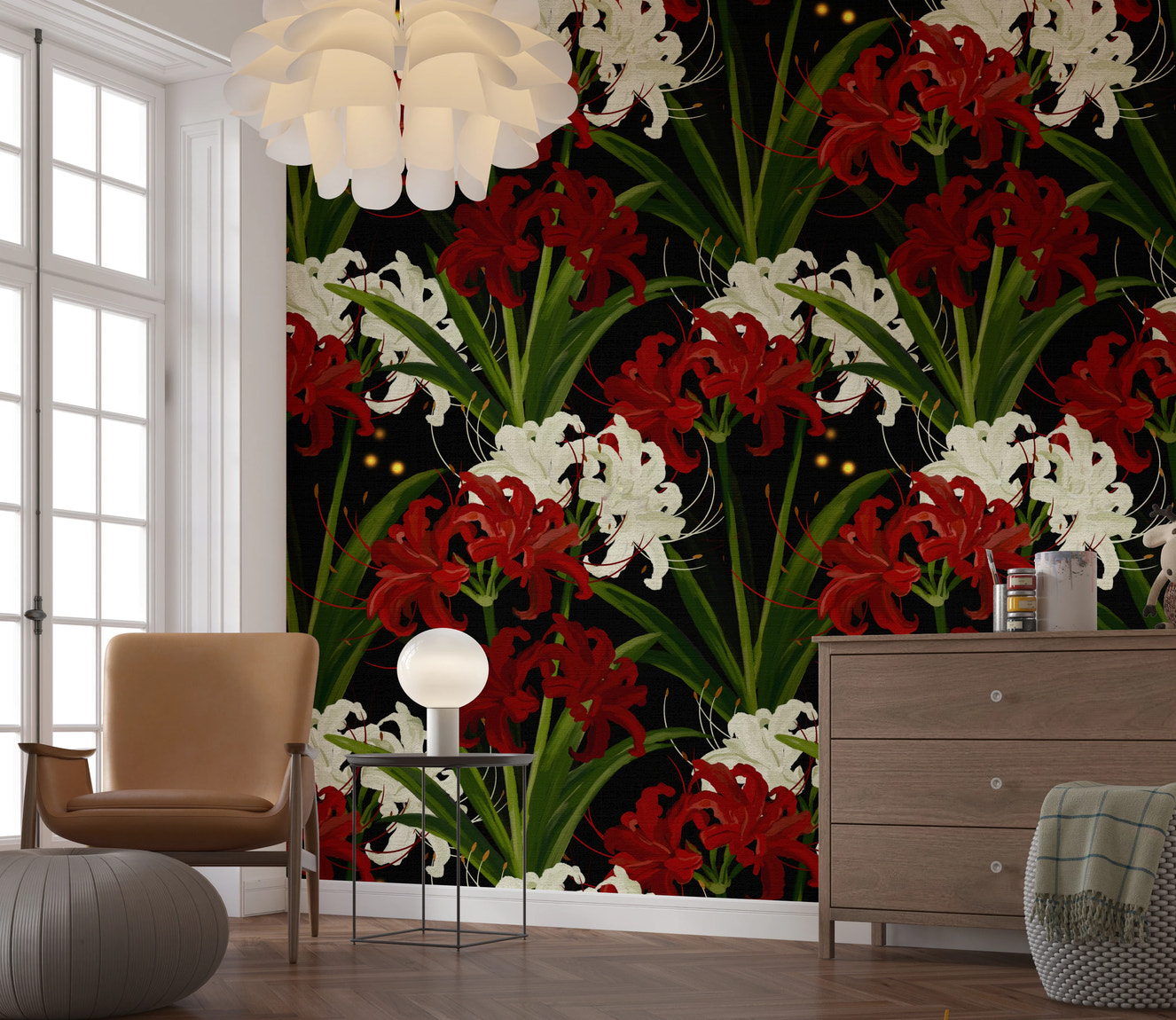 Lycoris Noir Midnight Romance white red flowers bloom Wall Mural