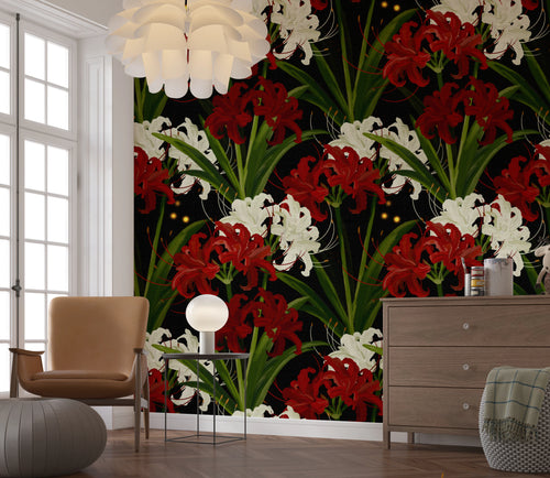 Lycoris Noir Midnight Romance white red flowers bloom Wall Mural