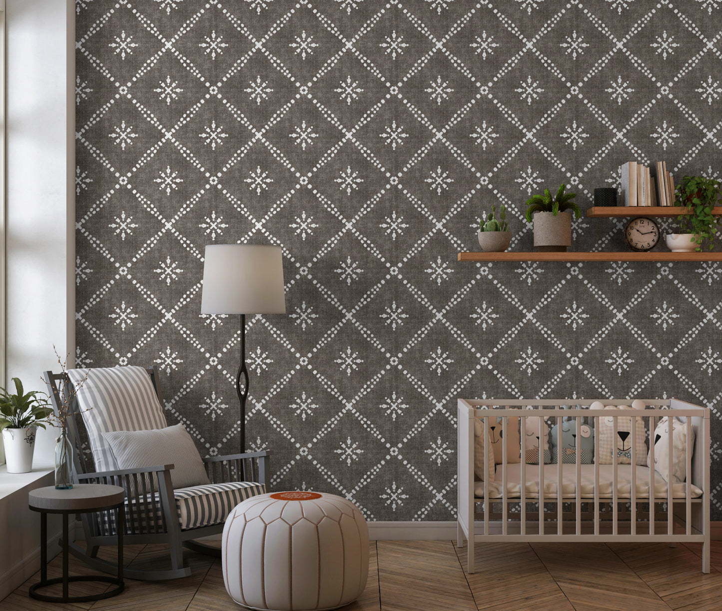 Boho Dotted Lattice Grunge Dark Bark Wallpaper⁠