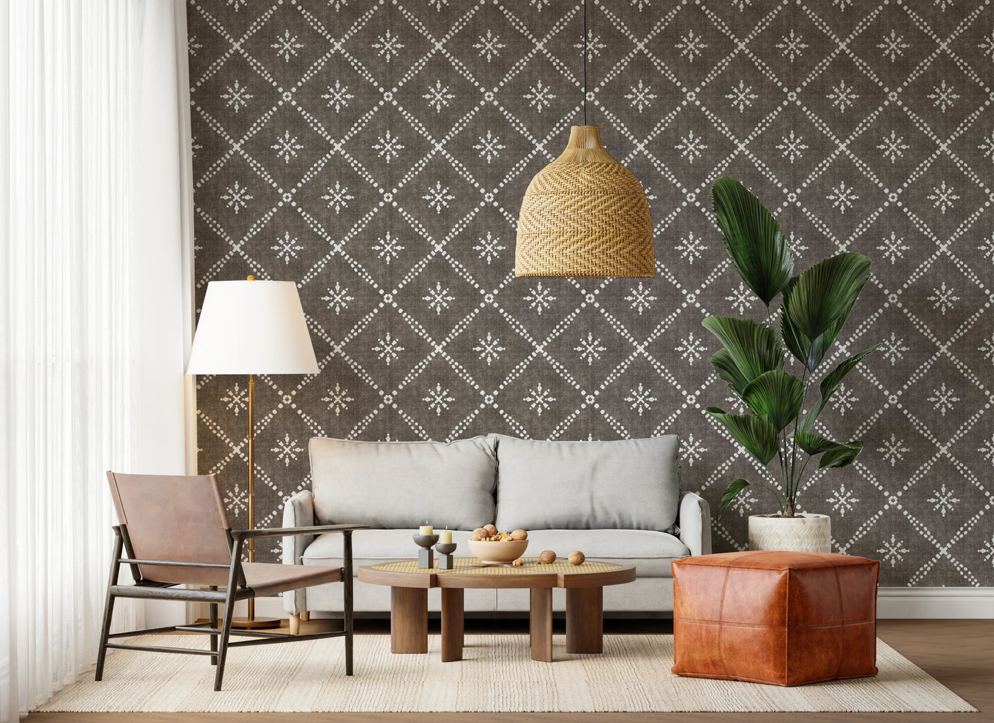 Boho Dotted Lattice Grunge Dark Bark Wallpaper⁠