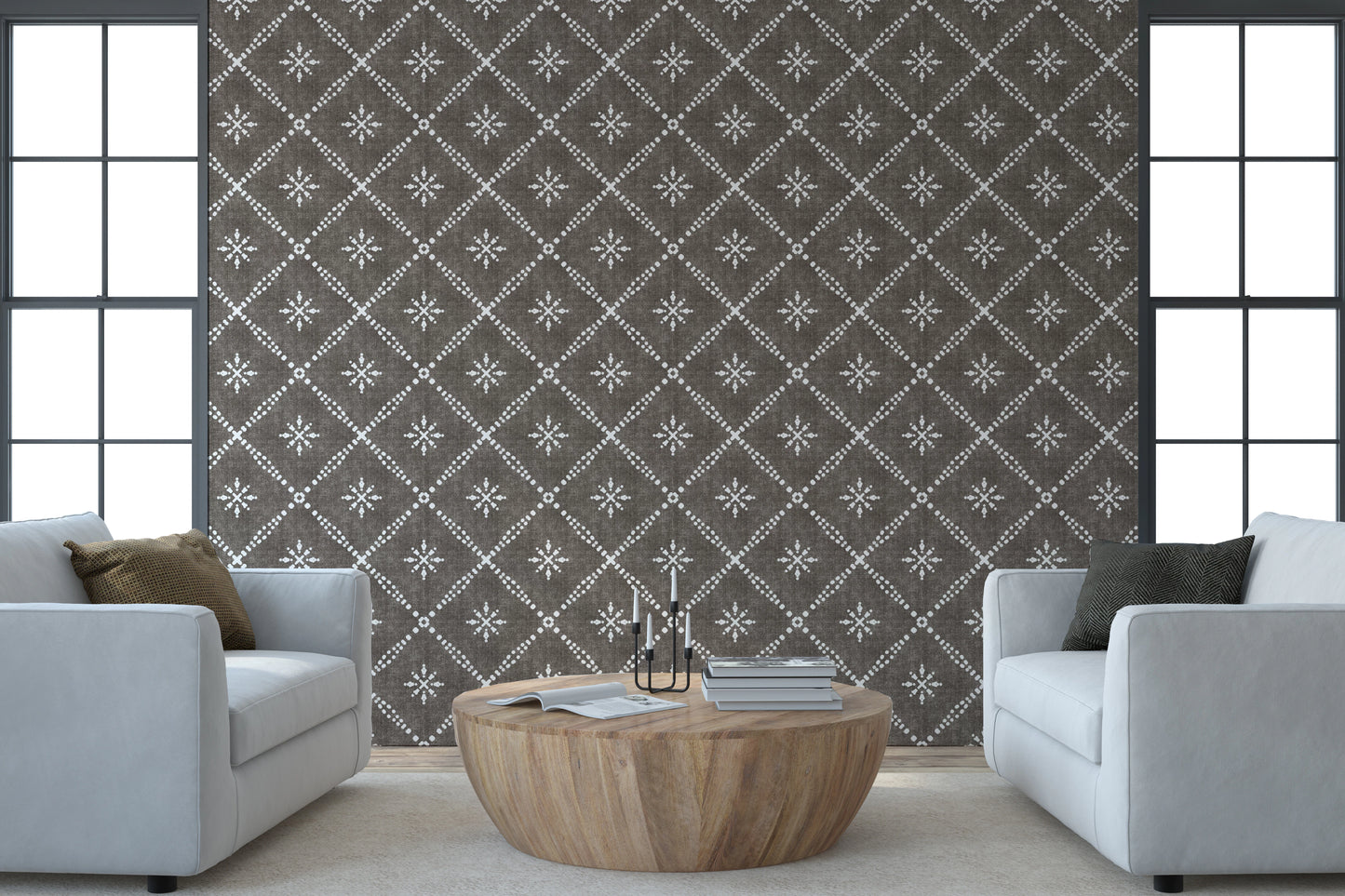 Boho Dotted Lattice Grunge Dark Bark Wallpaper⁠