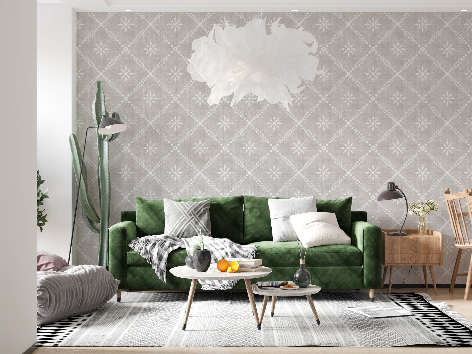 White dotted lattice on neutral grey backdrop