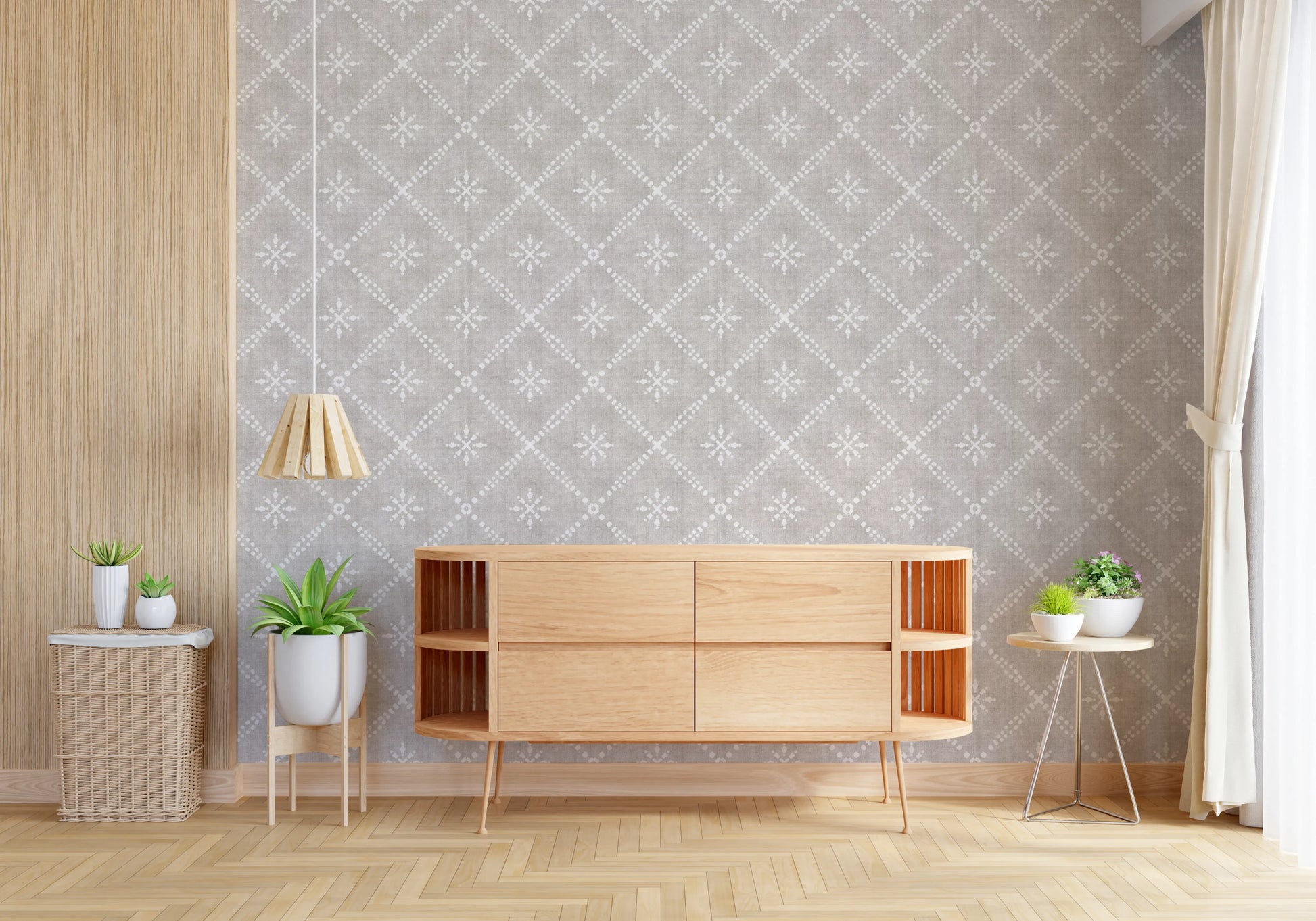 Neutral grey wallpaper with starburst motifs
