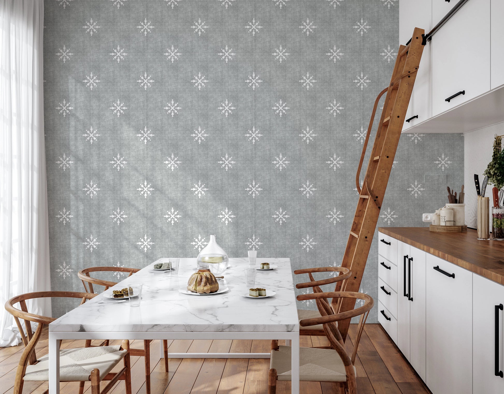 Soft grey wallpaper with rustic white symbols