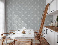 Soft grey wallpaper with rustic white symbols