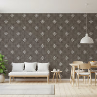 Dark bark brown wallpaper with white boho icons.