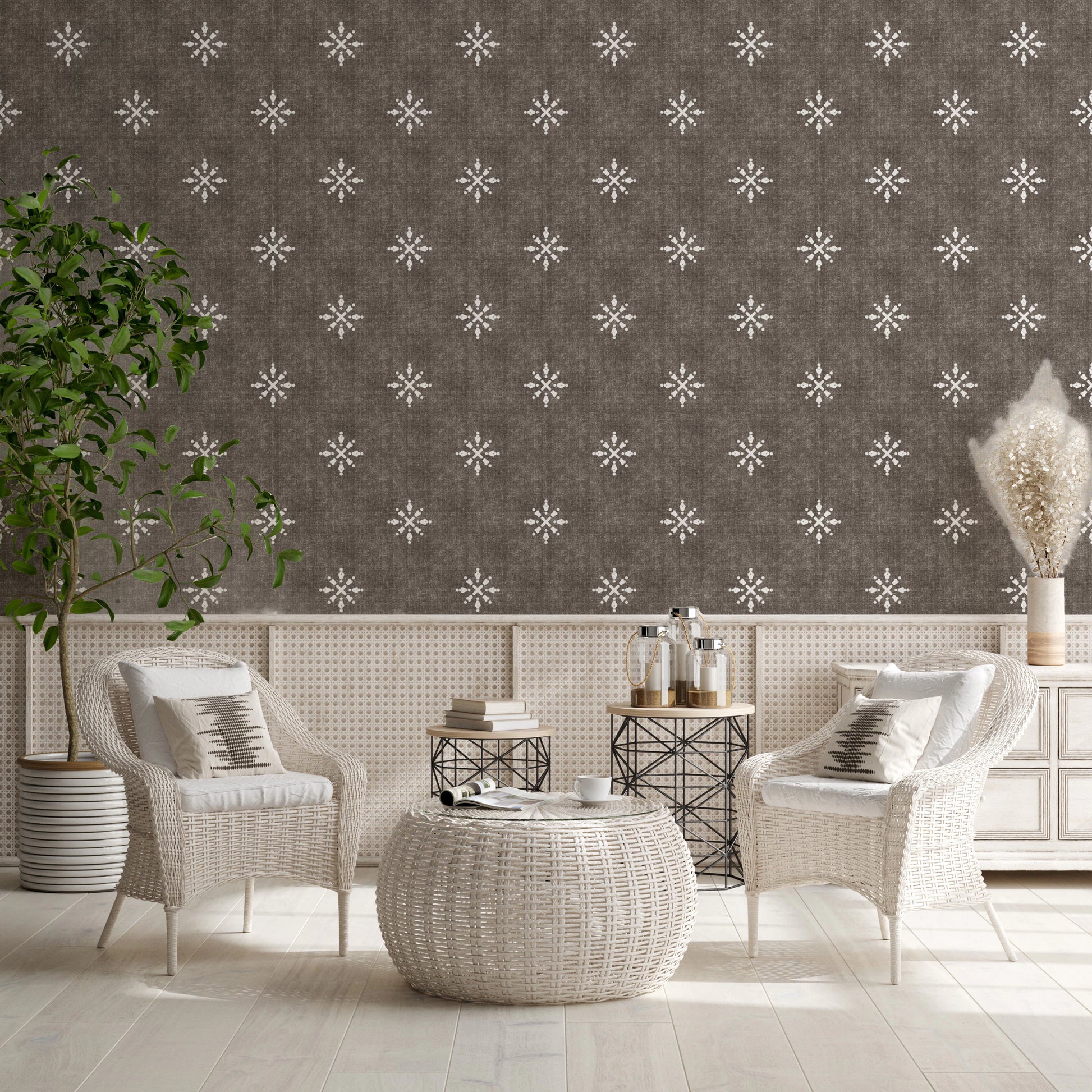 Boho pattern on dark bark brown grunge texture.