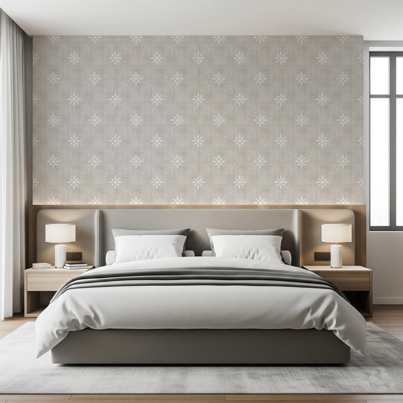 Neutral grey wallpaper with white boho ornament.