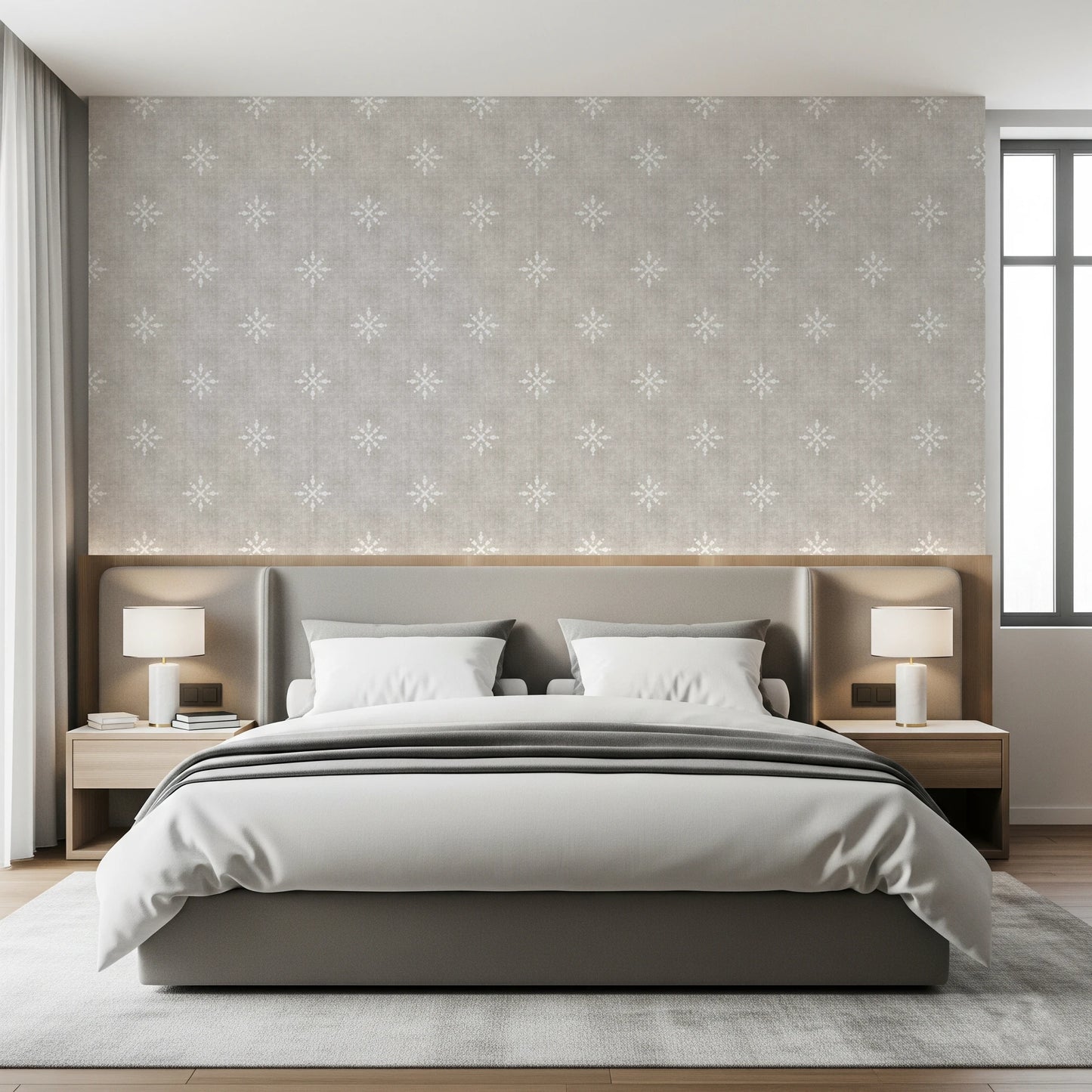 Neutral grey wallpaper with white boho ornament.