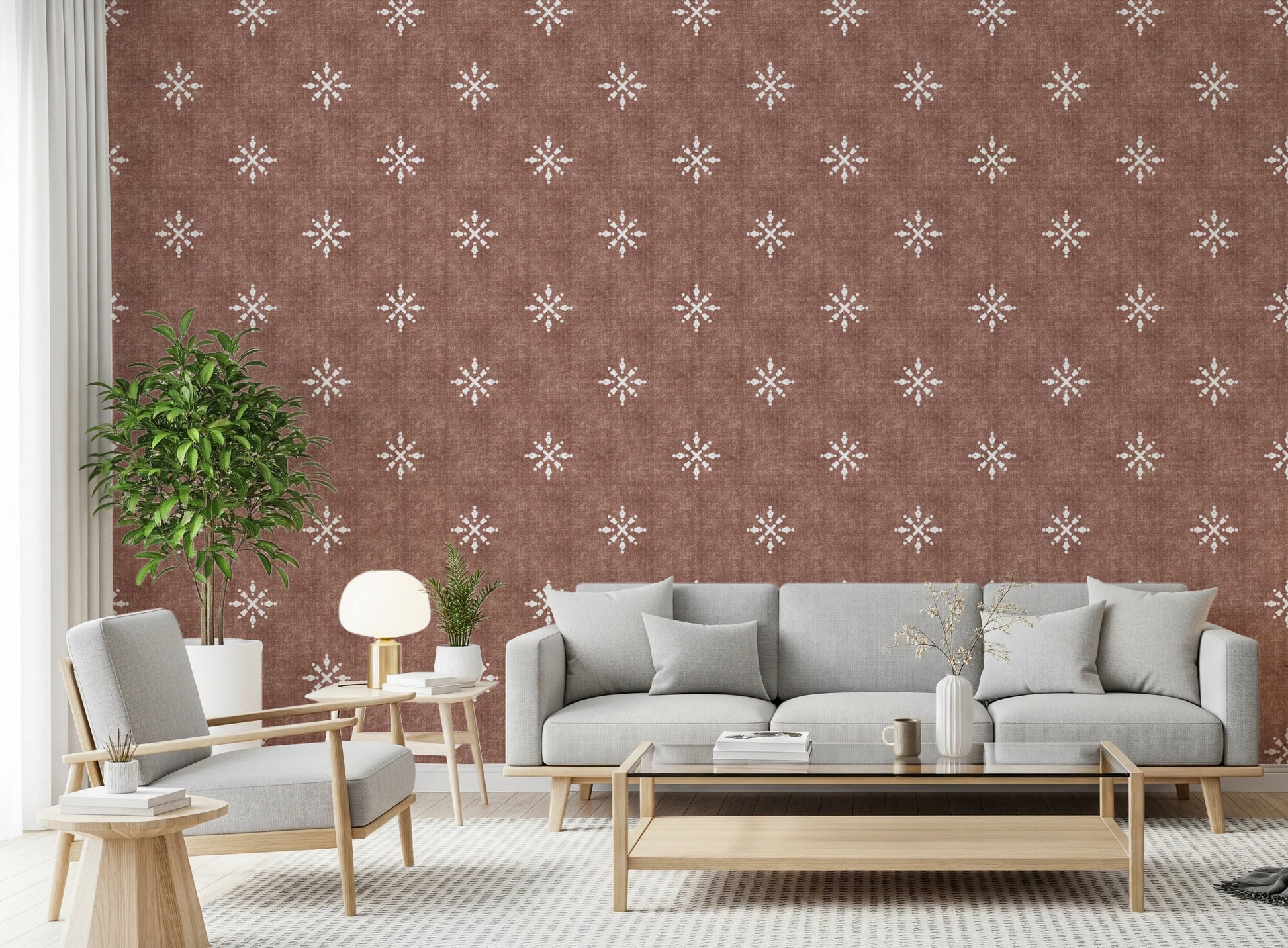 White geometric symbols on dark red wallpaper base.
