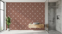 Red textured wall covering with small white icons.