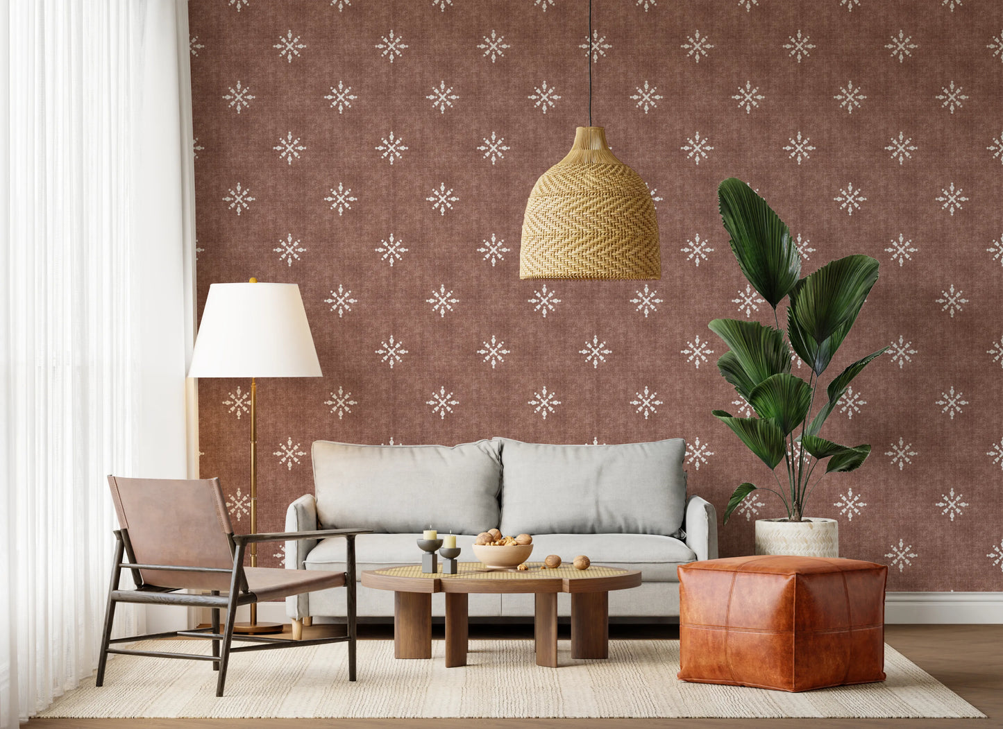 Terracotta red boho pattern for living room walls.